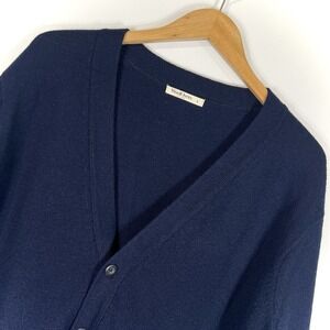 WoolOvers‎ Mens Lambswool V Neck Cardigan Size Large Navy Preppy Classic *FLAW*